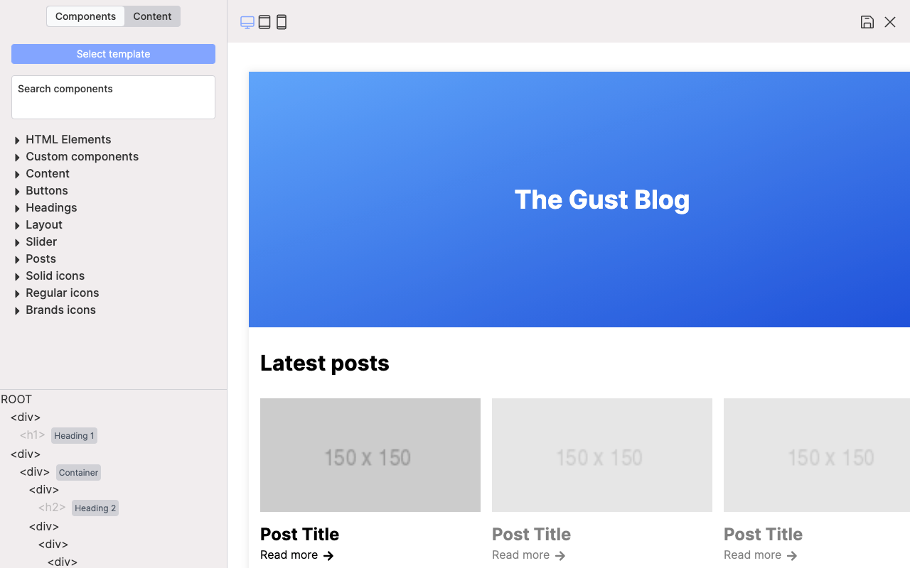 Finished blog page in the Gust page builder